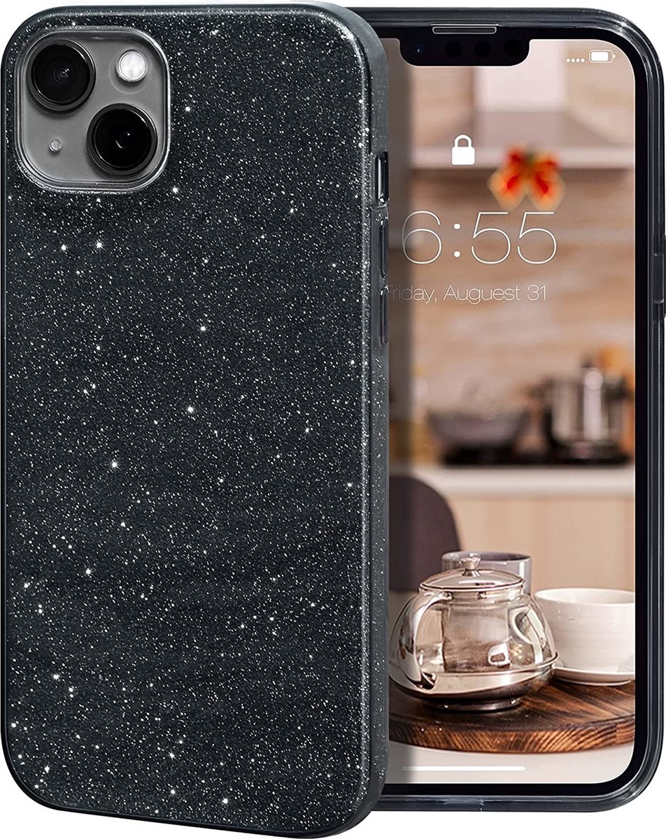 Geschikt voor iPhone 13 hoesje glitter backcover – Zwart – oTronica