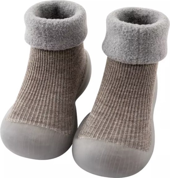 Fleece anti-slip schoentjes - Sok sloffen - Eerste loopschoentjes van Baby-Slofje - Effen grijs - maat 24/25