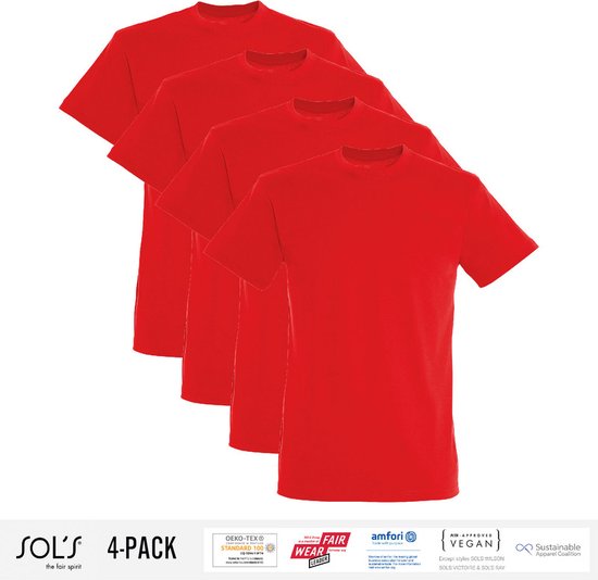 4 Pack Sol's Heren T-Shirt 100% biologisch katoen Ronde hals Rood Maat M