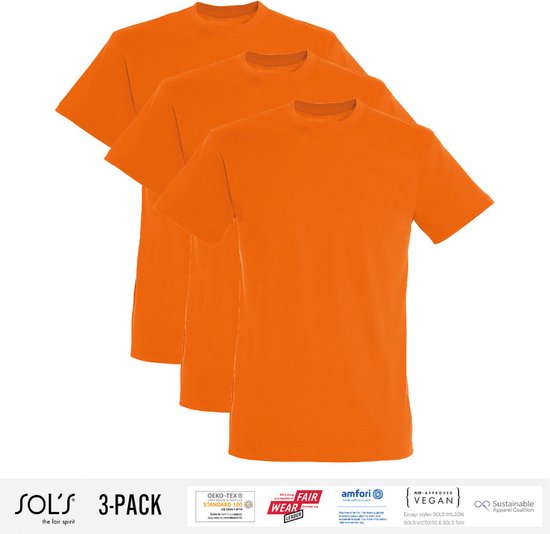 3 Pack Sol's Heren T-Shirt 100% biologisch katoen Ronde hals Oranje Maat S