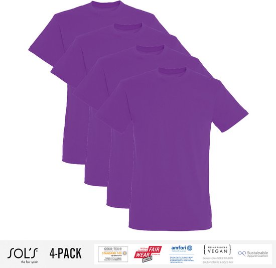 4 Pack Sol's Heren T-Shirt 100% biologisch katoen Ronde hals Paars Maat XXL