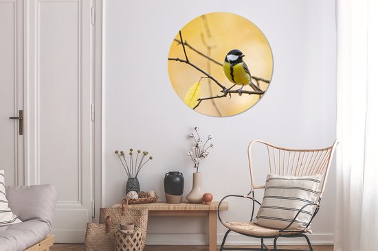 WallCircle - Wandcirkel - Muurcirkel - Vogel - Koolmees - Geel - Takken - Blad - Kunststof - Ronde schilderijen - 90x90 cm - Muurdecoratie rond - Wandcirkel natuur
