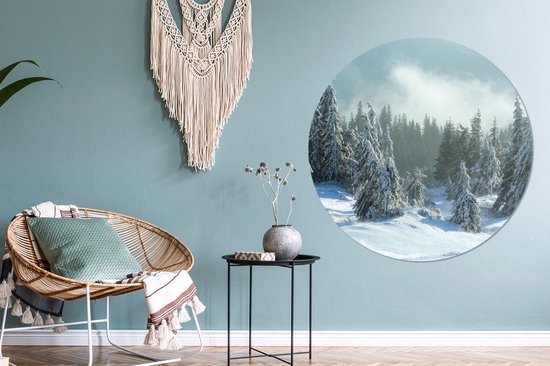 WallCircle - Wandcirkel - Muurcirkel - Bos - Sneeuw - Winter - Aluminium - Dibond - ⌀ 120 cm - Binnen en Buiten XXL