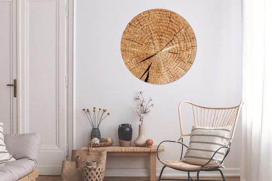 Décoration murale ronde en bois avec cernes annuels dans un coin salon.