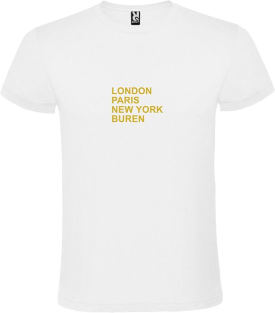 Wit T-Shirt met “ LONDON, PARIS, NEW YORK, BUREN “ Afbeelding Goud Size XXXXL