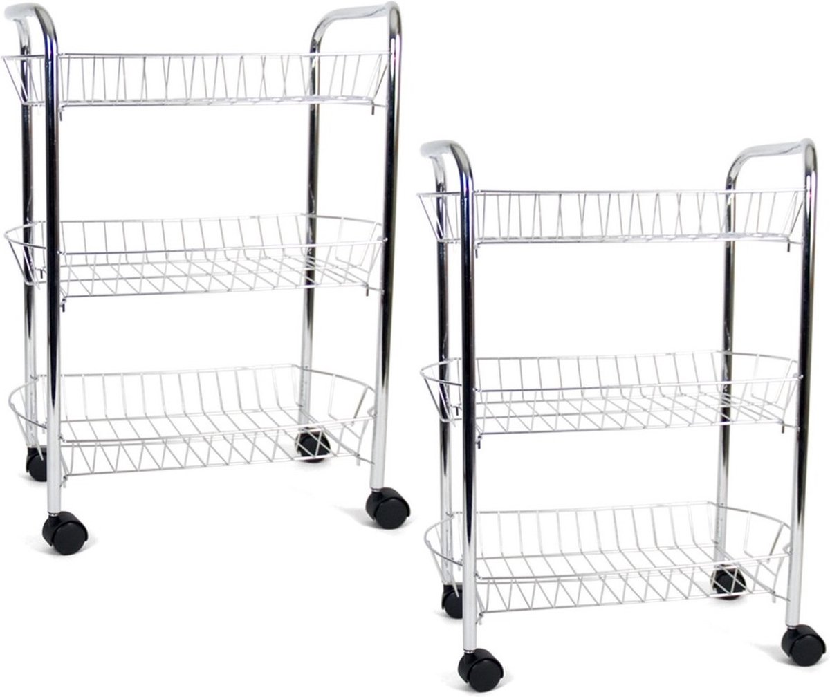 Set van 2x stuks verchroomde keuken trolleys met manden op wielen 50 x 26 x 63 cm - Keuken/badkamer rekje van metaal