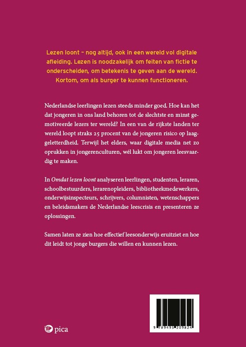 Achterkant van het boek 'Omdat lezen loont' met tekst en een barcode.