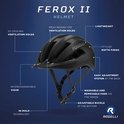 Dessin technique du casque de vélo Rogelli Ferox II noir, avec étiquettes pour caractéristiques comme la ventilation.