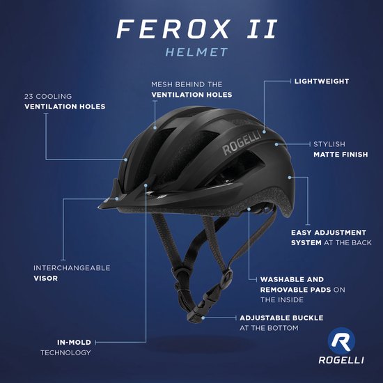 Dessin technique du casque de vélo Rogelli Ferox II noir, avec étiquettes pour caractéristiques comme la ventilation.
