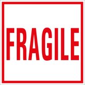Fragile tekststicker, rood wit 100 x 100 mm