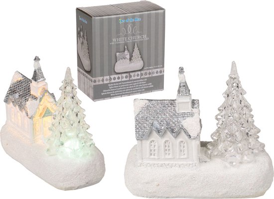 Witte Kerk Met Kerstboom & Warm Witte LED