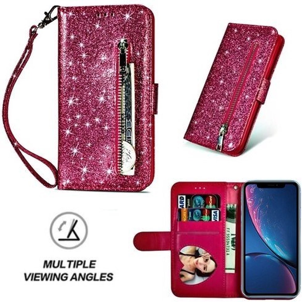 iPhone XR Glitter Hoesje Met Pasjeshouder Bookcase Roze