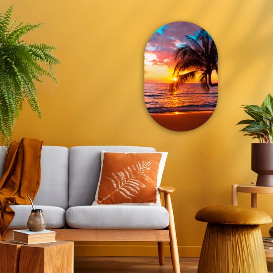 Ovale mural - Décoration murale plastique - Tableau ovale - Palmier - Coucher de soleil - Plage - Mer - Horizon - 40x60 cm - Forme miroir ovale sur plastique