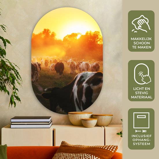 Ovale Mural - Ovale Mural - Décoration murale Plastique - Peinture Ovale - Vaches - Coucher de Soleil - Pâturage - Animaux - 80x120 cm - Forme Miroir Ovale sur Plastique