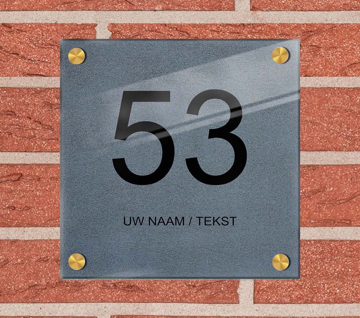 Naambordje voordeur plexiglas 20x20x0,5 cm met goud kleur afstanhouder model 1130 - Huisnummerbordje, naambordjes, naambordje huis, naamplaatjes, huisnummer bordje, originele naambordjes voordeur, huisnummerbord met naam, originele huisnummer bord