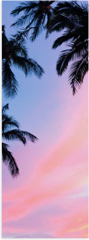 WallClassics - Poster Glanzend – Silhouet van Palmbomen bij Pastekleuren in de Lucht - 20x60 cm Foto op Posterpapier met Glanzende Afwerking
