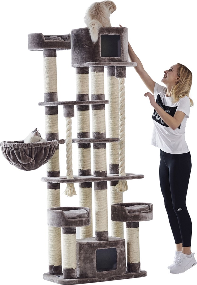 Nobby Krabmeubel Kyla – Krabpaal – Huisje – XXL – Touw – Hangmat – Creme – Bruin – Grote Kat – Zware Kat – Maine Coon – 80 X 50 x 209 CM