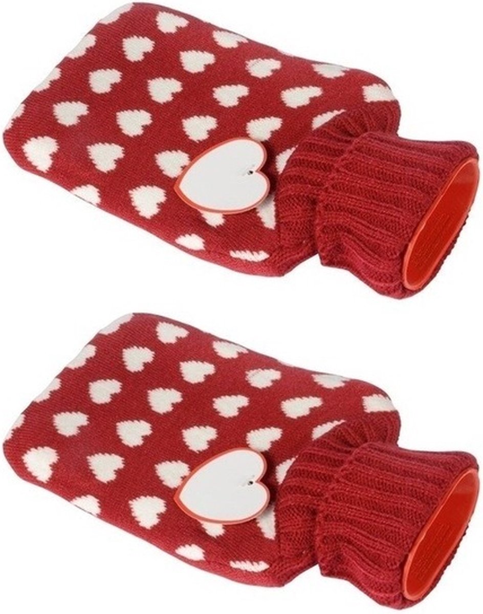 Goedkoopste 2x Rode kruiken met hartjes hoes 0,75 liter - Warmwaterkruiken met pluche hoes/kruikenzak - Valentijn cadeaus