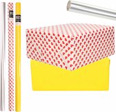 6x Rollen kraft inpakpapier transparante folie/hartjes pakket - geel/harten design 200 x 70 cm - Valentijn/liefde/cadeaupapier