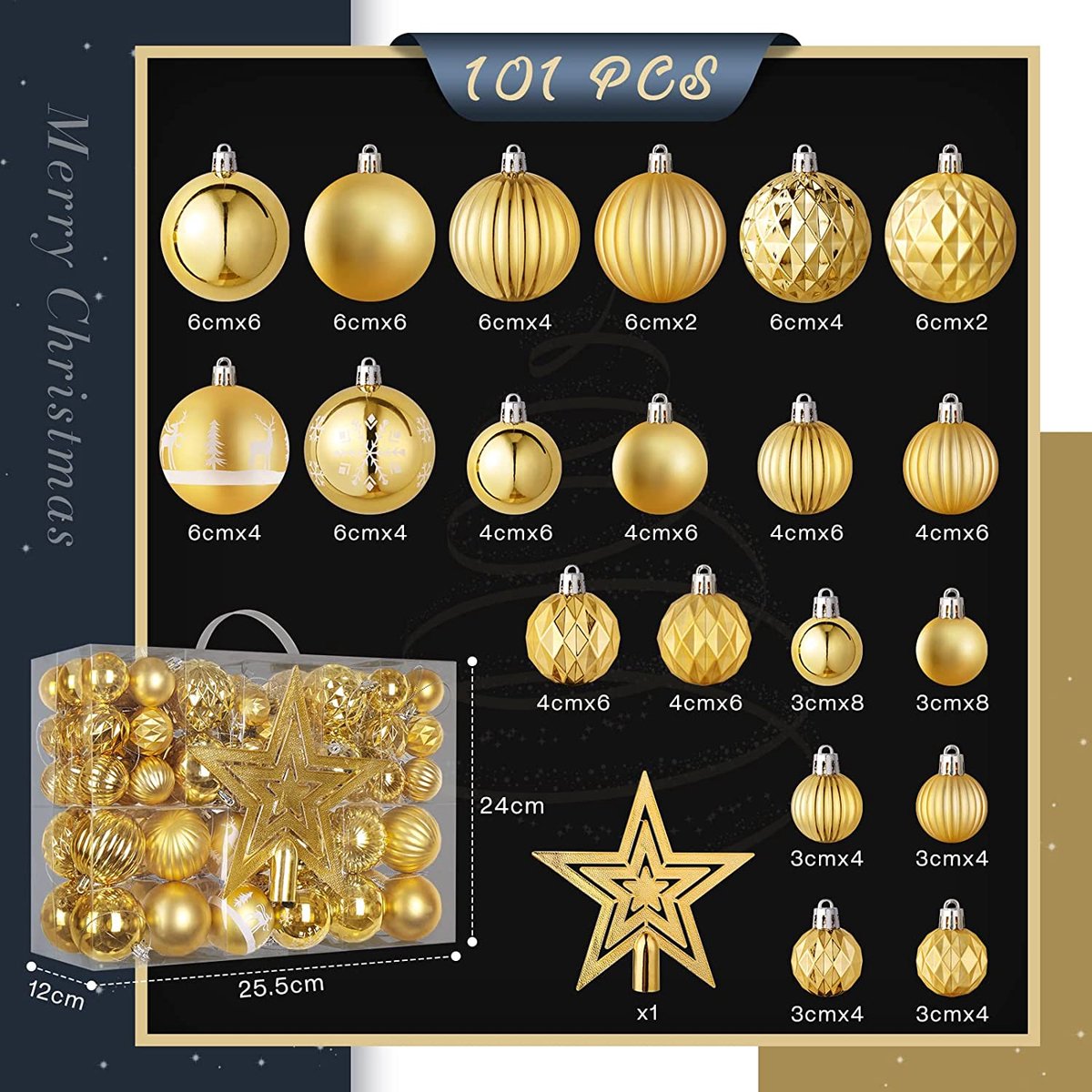 Lot De 101 Boules De Noël + 1 étoile - Boules En Plastique 6/4/3 Cm, Décoration Intérieur/extérieur - Bleu