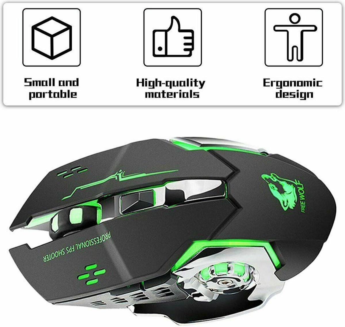 Draadloos gaming muis, ergonomisch ontwerp, stille klik, lichtgevende RGB, 2400 instelbare DPI, 6 toetsen, 150 IPS, 600 mAh oplaadbare batterij, wireless gaming mouse
