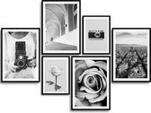 MONOKO® Woonkamer Poster Set - Premium Afbeeldingen Set voor slaapkamers - Stijlvolle wandafbeeldingen - Set van 6 zonder lijst (Set zwart-wit, Camera, Rose, 4x 23 | 2x A3)