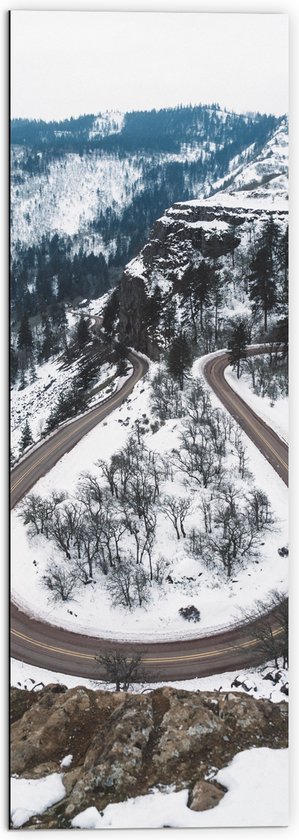 WallClassics - Dibond - Weg door Bergen met Sneeuw - 50x150 cm Foto op Aluminium (Met Ophangsysteem)