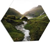 WallClassics - PVC Schuimplaat Hexagon  - Rivier in Heuvel Landschap - 60x52.2 cm Foto op Hexagon (Met Ophangsysteem)