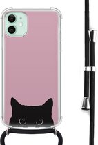 Hoesje met koord geschikt voor iPhone 11 - Zwarte kat - Inclusief zwart koord - Crossbody beschermhoes - Transparant, Roze - Mooie Telefoonhoesjes