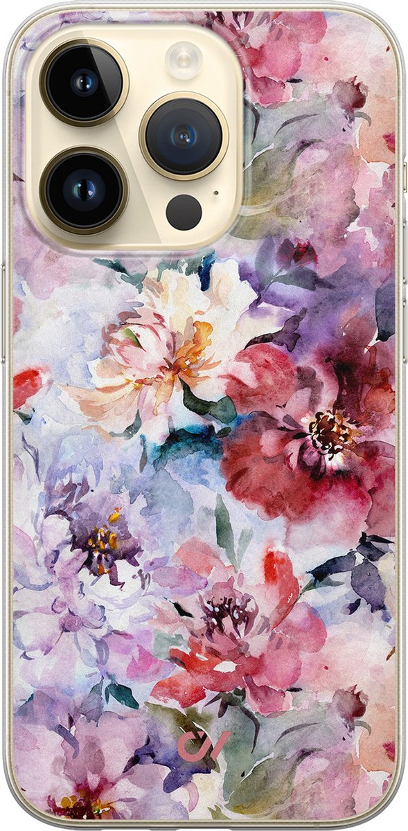 iPhone 14 Pro hoesje siliconen - Bloemen Acryl - Bloemen - Roze - Apple Soft Case Telefoonhoesje - TPU Back Cover - Casevibes