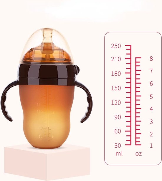 Zuigfles Siliconen Babyfles met Handvaten - Voedingsfles Melkfles voor Baby Drinkbeker - 240ml Bruin van Little Dutch — afbeelding 4