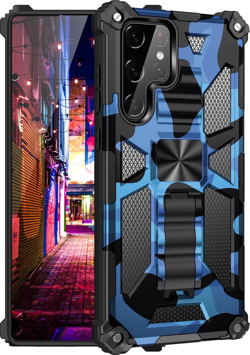 Samsung S22 Ultra hoesje rugged extreme backcover met kickstand Camouflage - Blauw