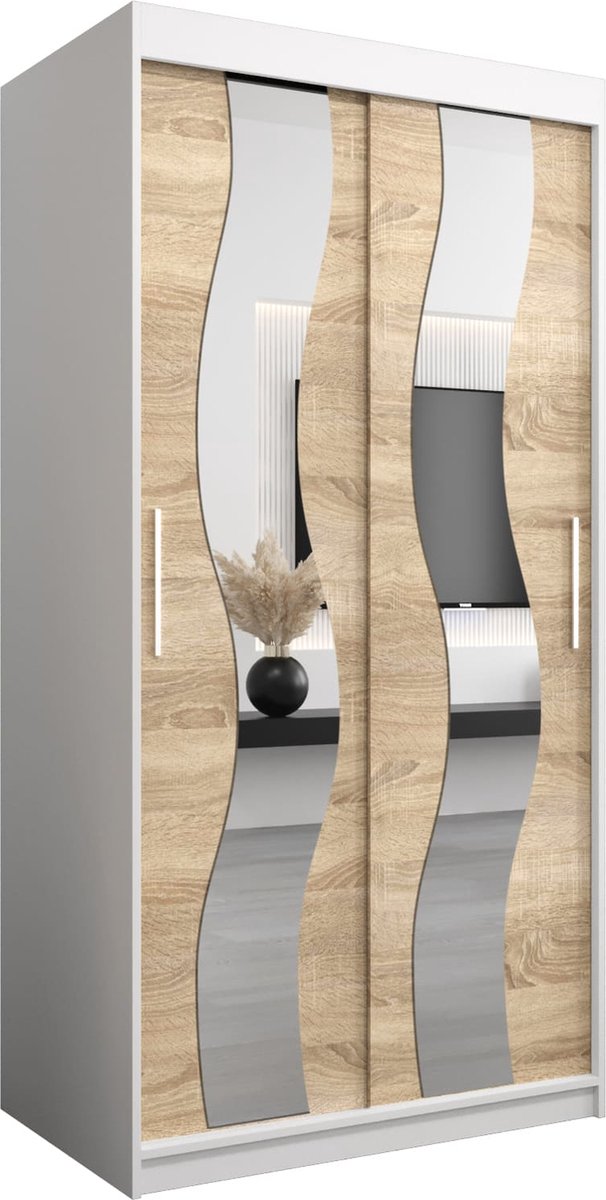 InspireME Kledingkast met 2 schuifdeuren, Modern-stijl, Een kledingkast met planken en een spiegel (BxHxD): 100x200x62 - REESE 100 Wit Mat + Sonoma Eik met 2 lades