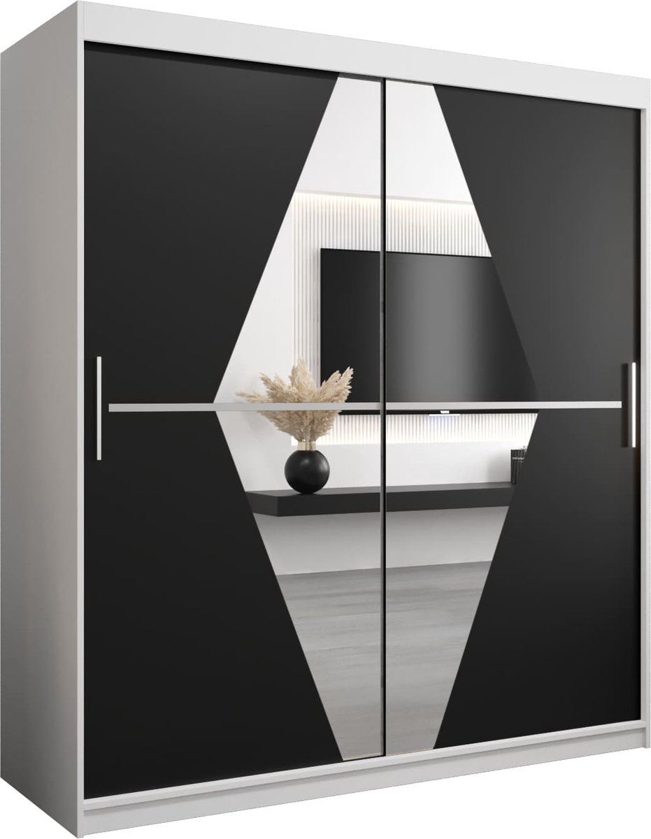 InspireME Kledingkast met 2 schuifdeuren, Modern-stijl, Een kledingkast met planken en een spiegel (BxHxD): 180x200x62 - BOLA 180 Wit Mat + Zwart met 4 lades