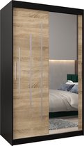 InspireMe - Kledingkast met 2 schuifdeuren, Modern-stijl, Een kledingkast met planken en een spiegel (BxHxD): 120x200x62 - MALTESE II 120 Zwart Mat + Sonoma Eik met 2 lades