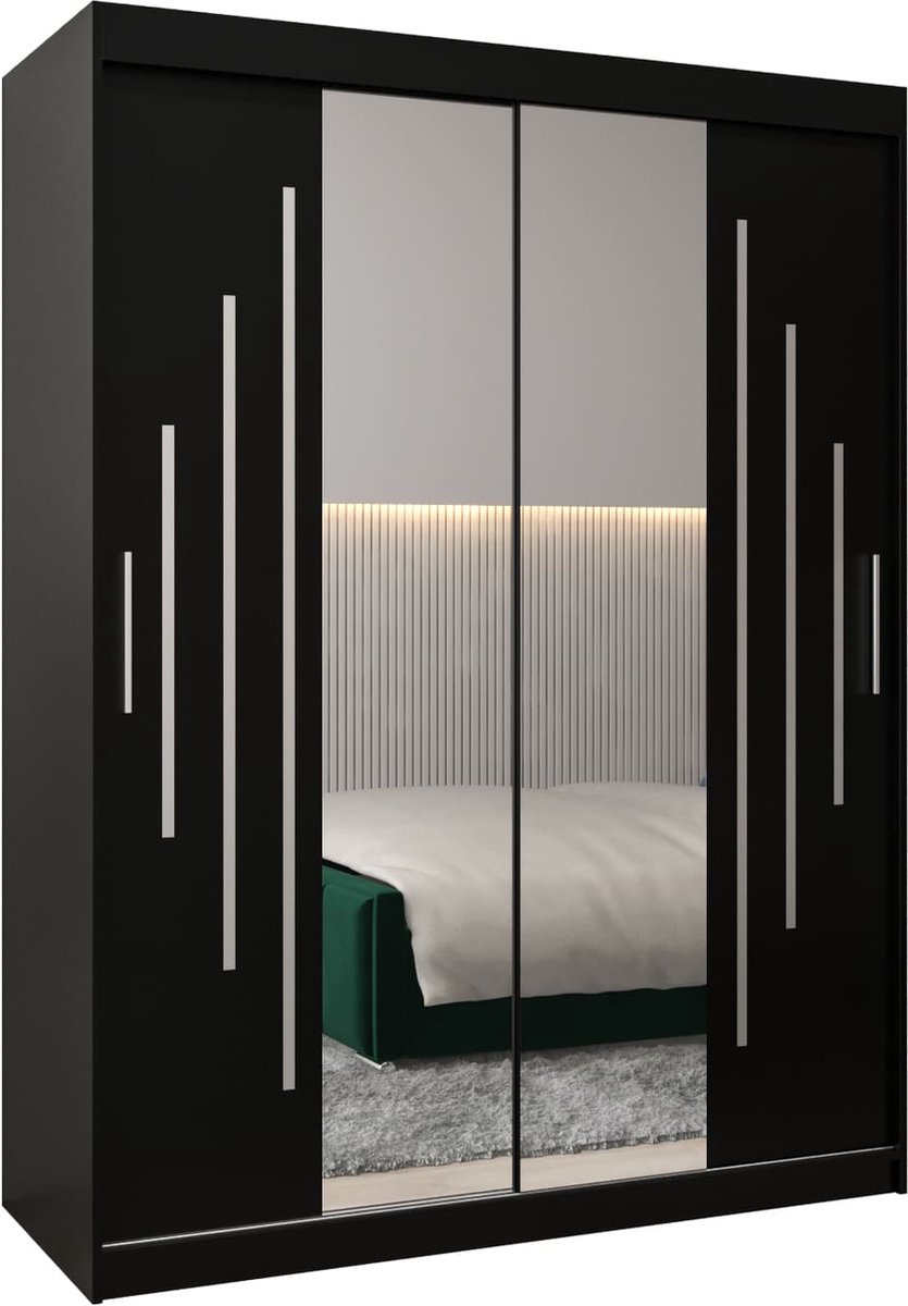 InspireMe - Kledingkast met 2 schuifdeuren, Modern-stijl, Een kledingkast met planken en een spiegel (BxHxD): 150x200x62 - MALTESE I 150 Zwart Mat met 2 lades