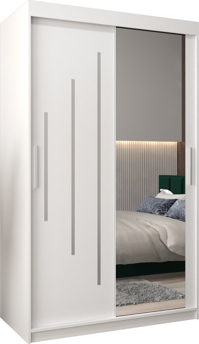 InspireME Kledingkast met 2 schuifdeuren, Modern-stijl, Een kledingkast met planken en een spiegel (BxHxD): 120x200x62 - MALTESE II 120 Wit Mat met 2 lades