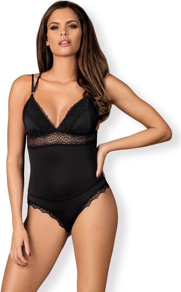 Obsessive Lolitte Teddy met Kant en Open Rug- Erotische Body - Maat S/M - Zwart