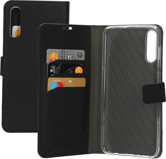 Mobiparts hoesje geschikt voor Samsung Galaxy A70 - Saffiano Wallet/Portemonnee hoesje - Magneet Sluiting - 3 Opbergvakken - Zwart