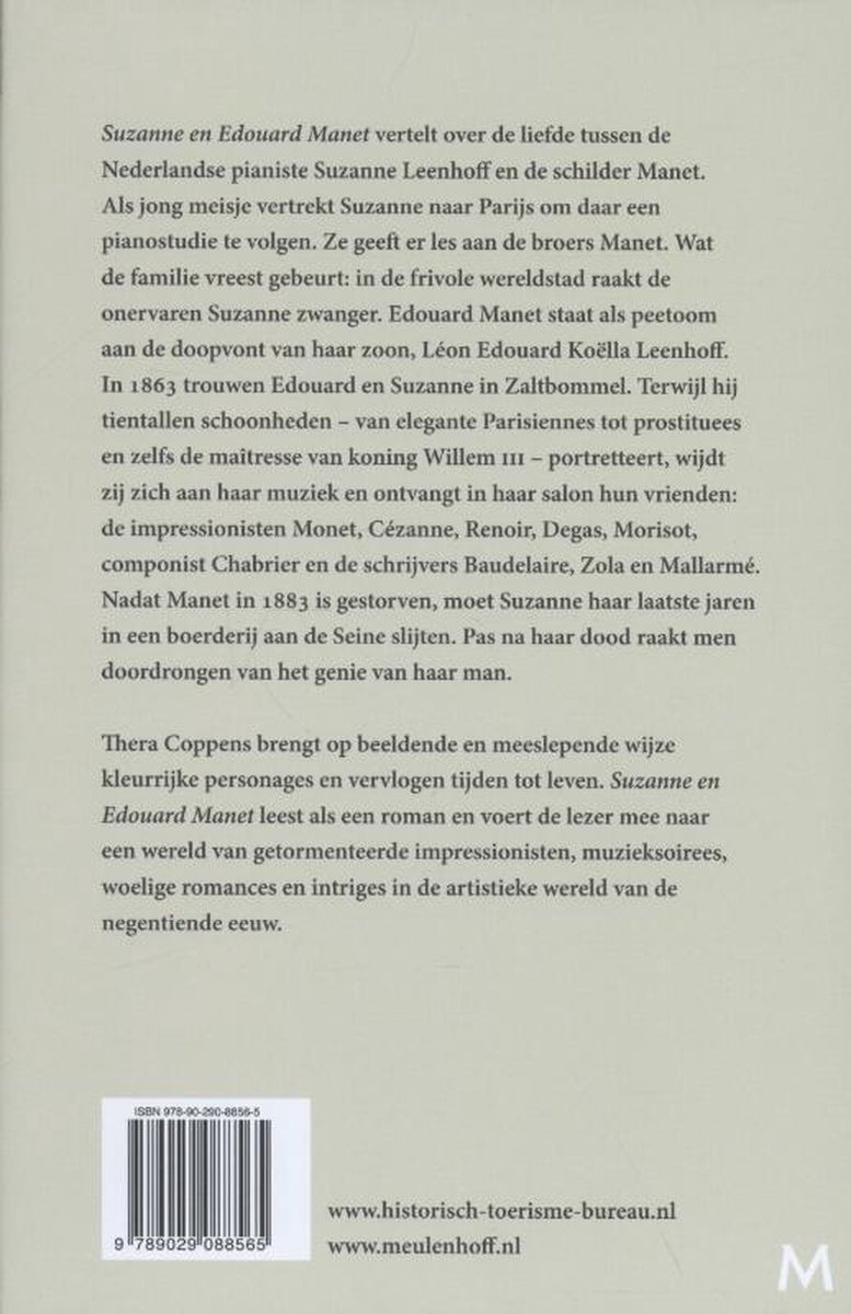 Achterkant van een boek met tekst over Thera Coppens, Suzanne en Edouard Manet, website en ISBN-nummer.