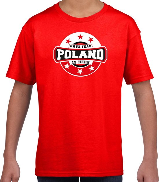 Have fear Poland is here t-shirt met sterren embleem in de kleuren van de Poolse vlag - rood - kids - Polen supporter / Pools elftal fan shirt / EK / WK / kleding 134/140