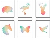 Postercity - Design Canvas Poster Set Geometrische Egel Hert Vlinder Flamingo Paard en Kolibri - Specht / Kinderkamer / Dieren Poster / Babykamer - Kinderposter / Babyshower Cadeau / Muurdecoratie / 80 x 60cm