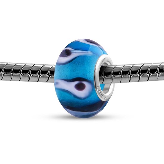 Quiges - Glazen - Kraal - Bedels - Beads Blauw met Wit Zwarte Vlekken Past op alle bekende merken armband NG789 - Quiges