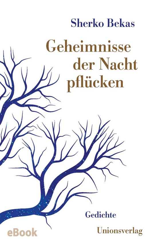 Boekcover met de titel 'Geheimnisse der Nacht pflücken' in goudkleurige letters, met een silhouet van een boom met donkerblauwe takken en sterren.