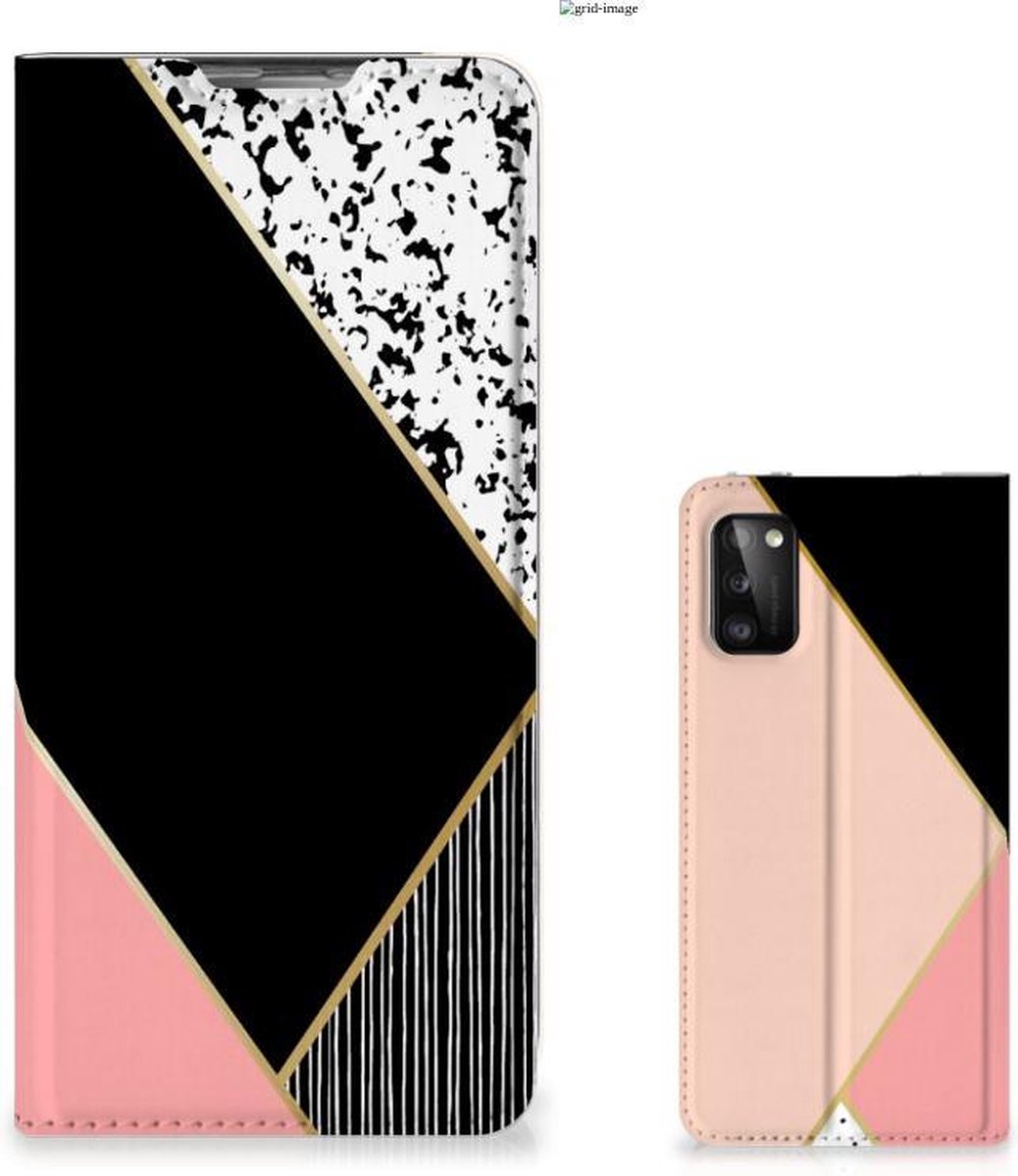 Samsung Galaxy A41 Stand Case Zwart Roze Vormen
