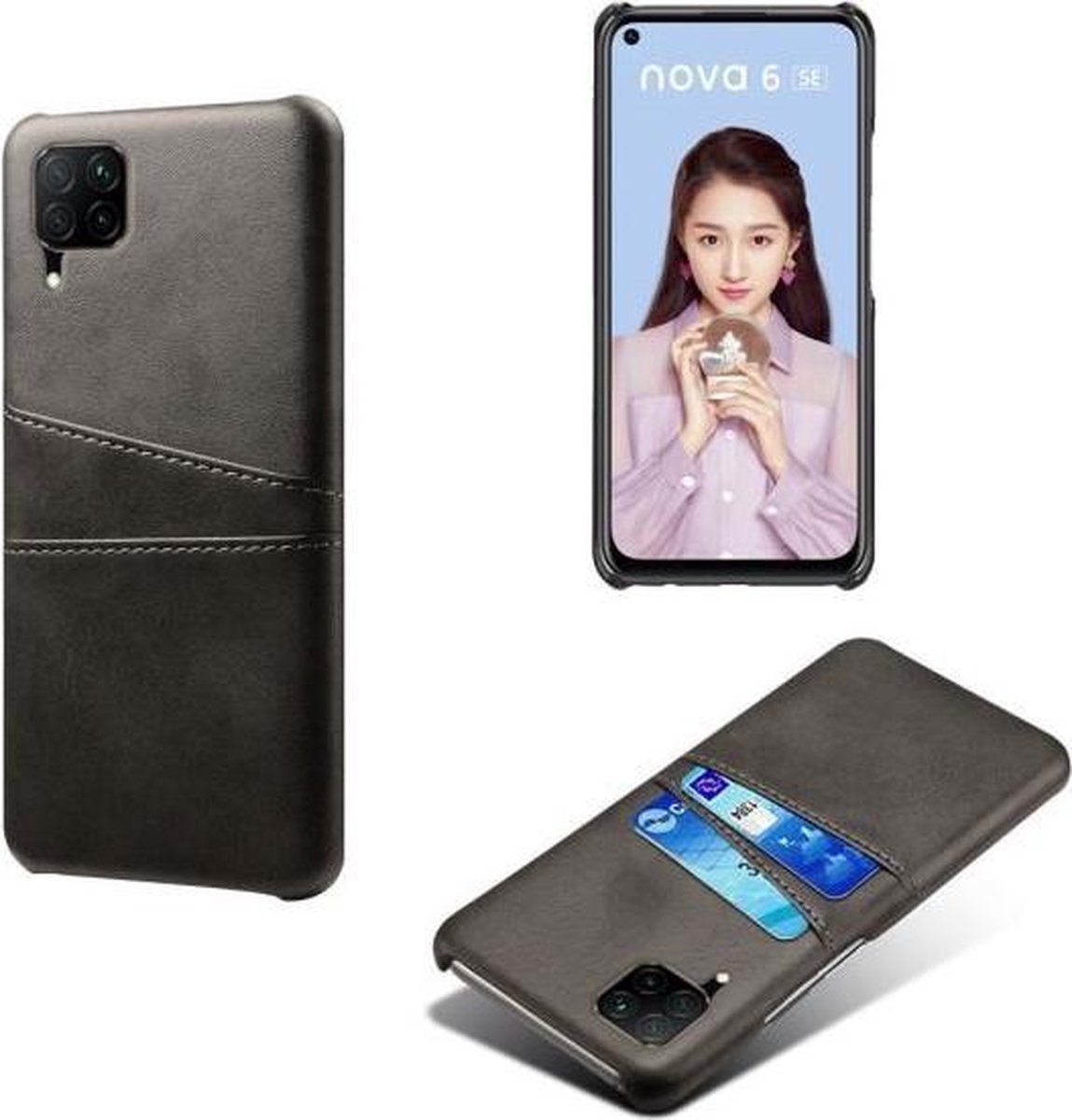 Back Cover met Opbergvakjes + Gehard Glas Screenprotector voor Huawei P40 Lite _ Zwart