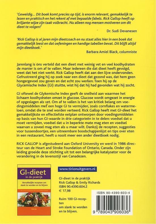 Achterkant van het boek "GI-dieet in de praktijk". Bevat productinformatie, ISBN, prijs en een recensie.