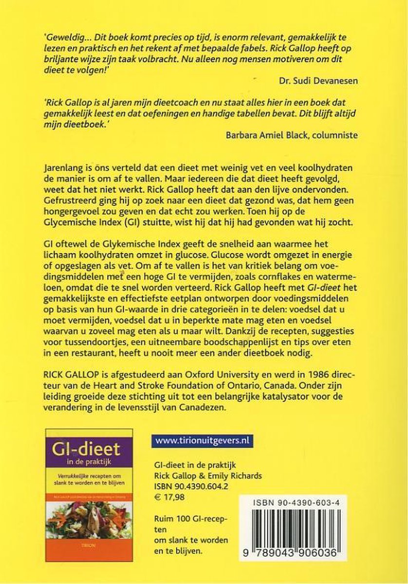Achterkant van het boek "GI-dieet in de praktijk". Bevat productinformatie, ISBN, prijs en een recensie.