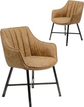 set van 2 design stoelen met armleuning uit PU-stof lichtbruin en roestvrijstalen frame