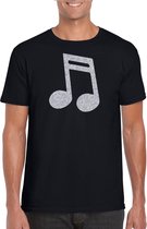 Zilveren muziek noot  / muziek feest t-shirt / kleding - zwart - voor heren - muziek shirts / muziek liefhebber / outfit M